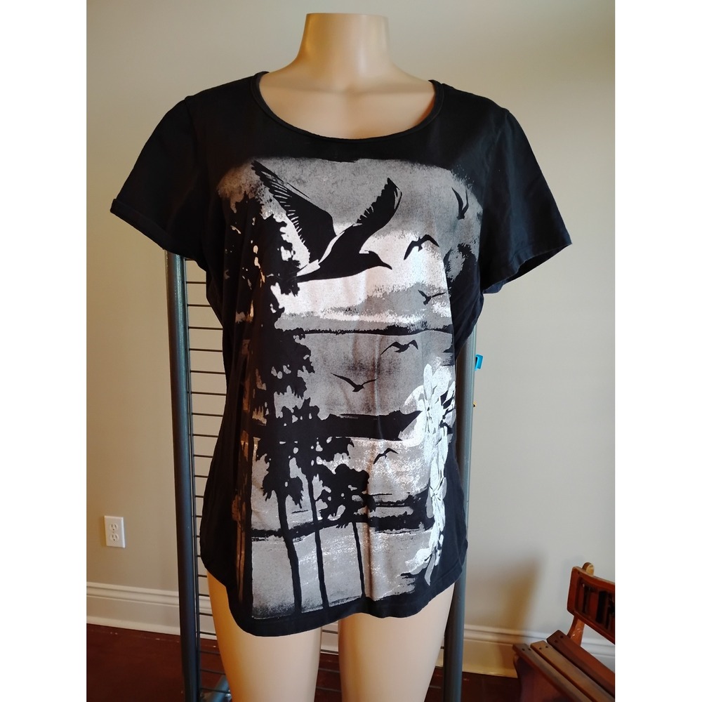Just My Style JMS Womens 1X Black Silver Graphic T-Shirt Birds Palm Trees Cotton